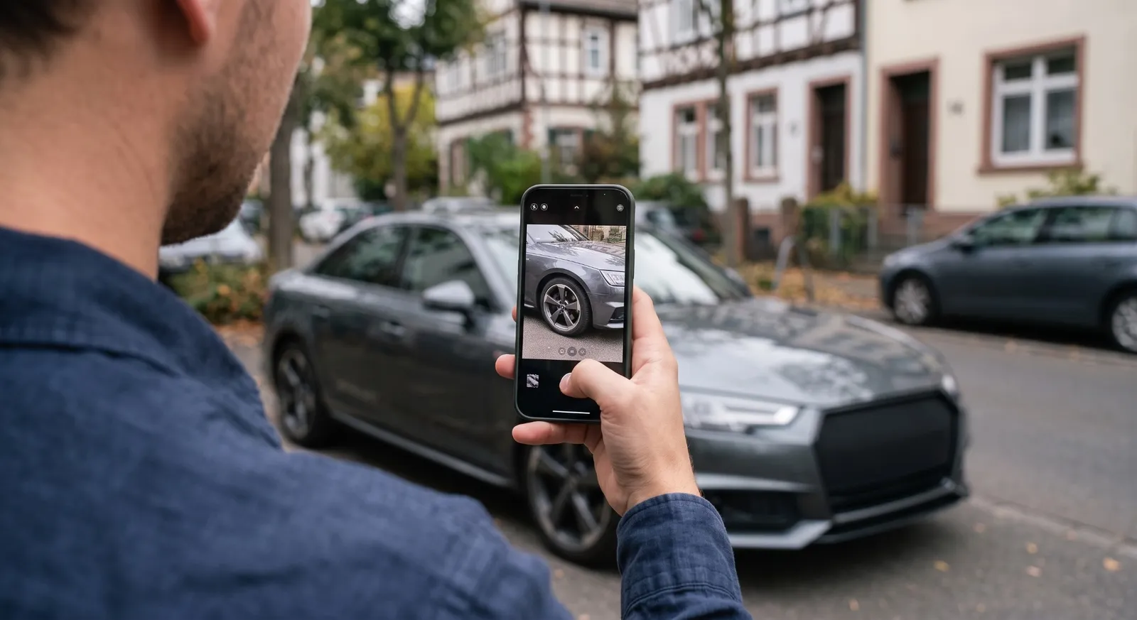 Blick über die Schulter: Jemand fotografiert mit dem Smartphone Vorderrad und Stoßfänger eines geparkten Autos.
