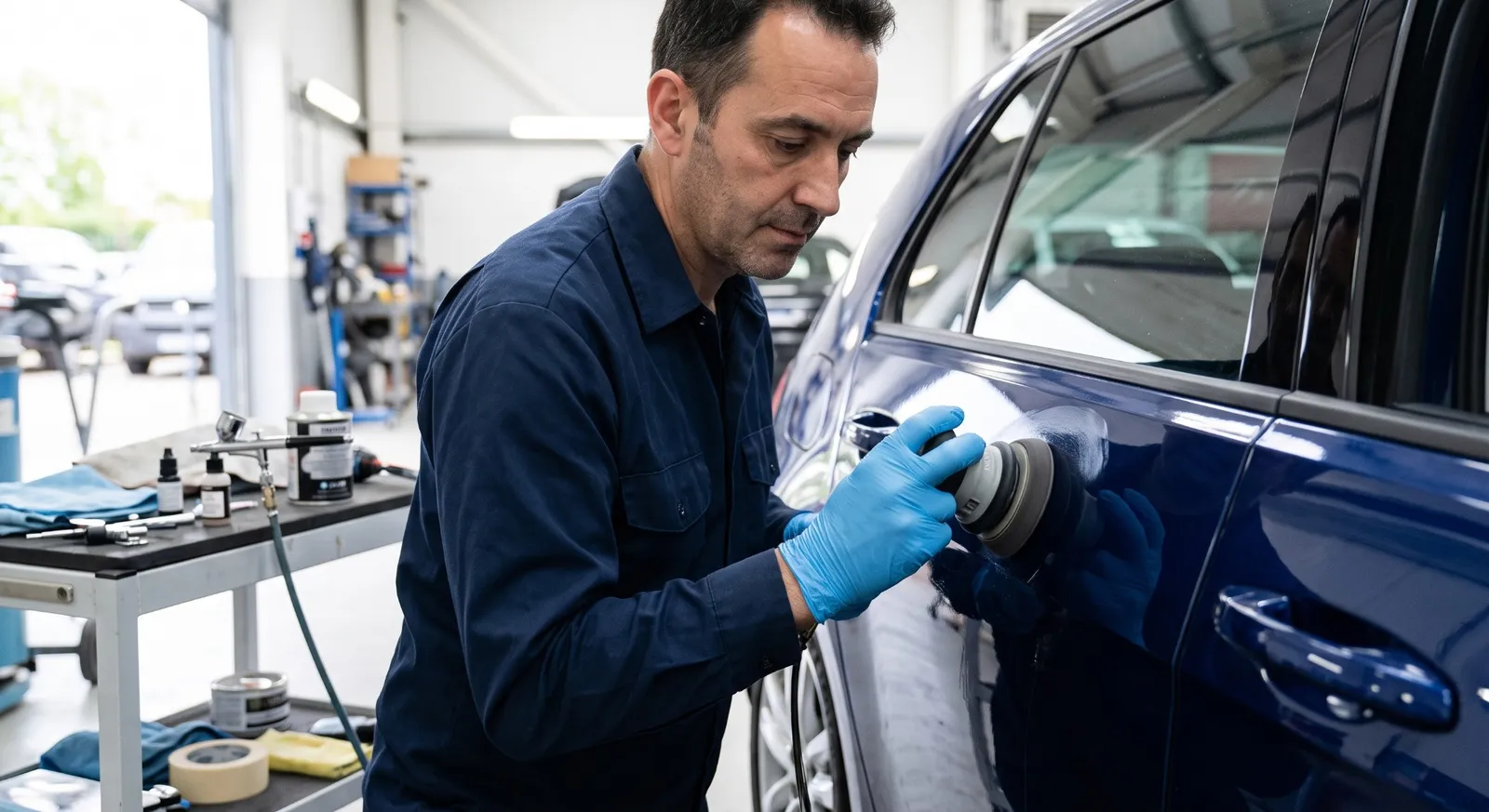 Ein Techniker poliert eine frisch ausgebesserte Stelle an einer dunkelblauen Autotür.